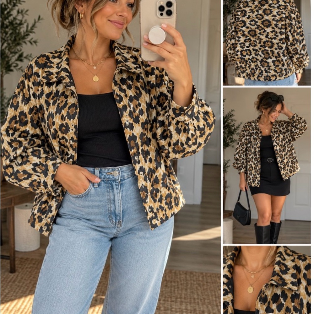 Leopard Print Shacket Jacket - Women's Beige Black Animal Print
